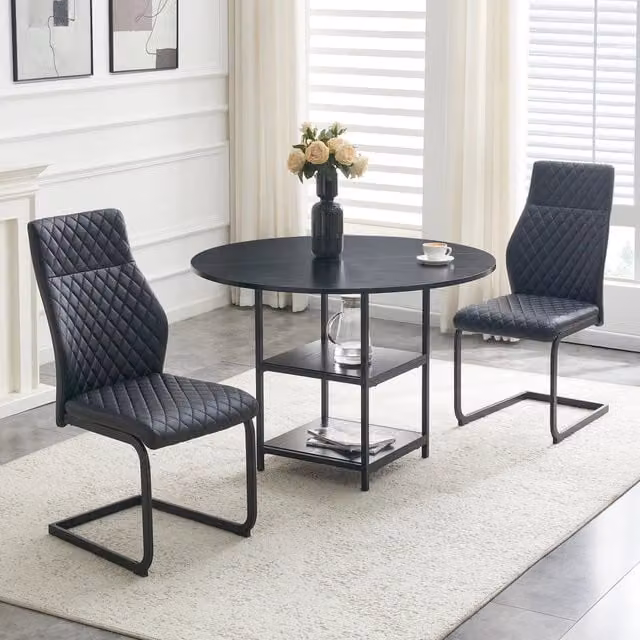 Set 2 pezzi: tavolo rotondo da pranzo 107 cm con doppio ripiano + 2 sedie nere motivo a rombi, MDF e metallo, stile industriale