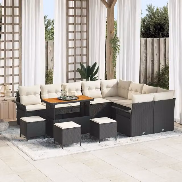 Set Divano da Giardino a L vidaXL Nero con Cuscini e Tavolino da Esterno in Polyrattan e Metallo – 1