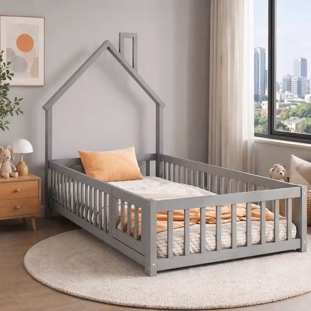 Letto per bambini 90 x 200 cm in legno di pino e MDF con forma a camino, rete a doghe inclusa, colore grigio