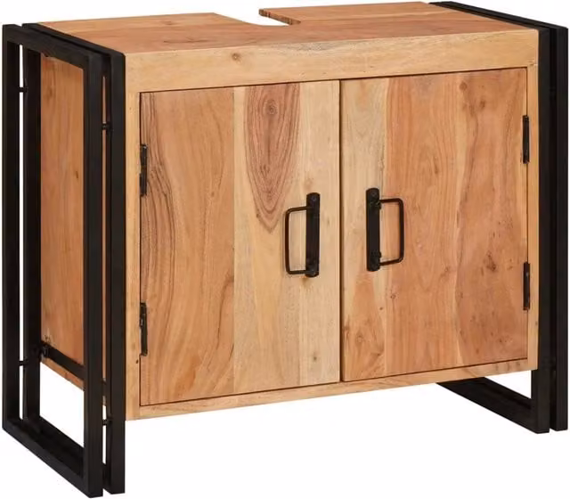 Mobile da Bagno Moderno in Legno di Acacia e Metallo Marrone e Nero con Ante a Battente e Ripiani Interni – 1