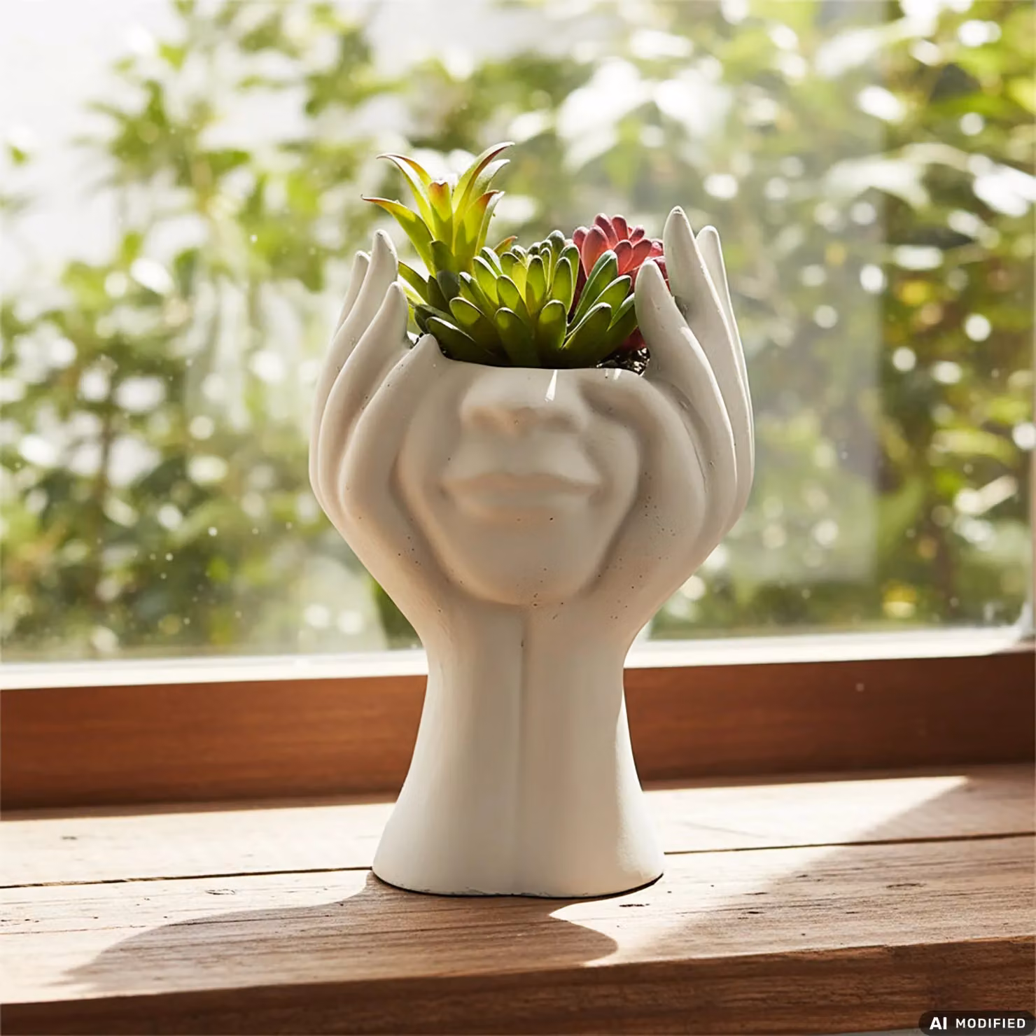 VESTIAMO CASA Vaso con Pianta Artificiale Verde e Mani Decorative in Cemento Bianco, Altezza: 20 cm – 2