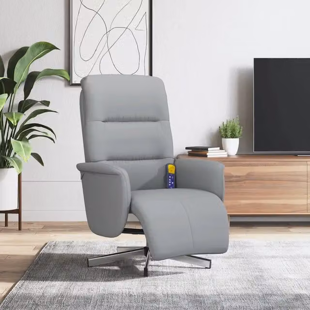 Poltrona Reclinante con Massaggio e Poggiapiedi Grigio Chiaro in Tessuto con Base Girevole a 360 Gradi e Braccioli 849301 – 1