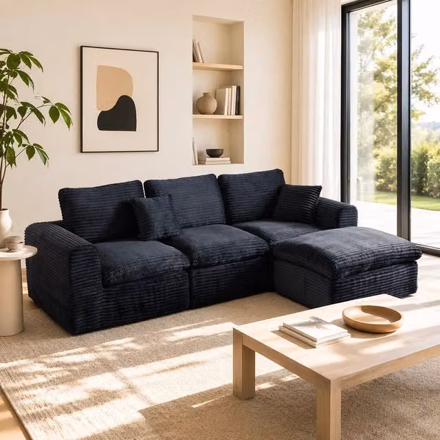 Divano modulare 280x180x65 cm configurabile 3 in 1; schiuma e molle; nero e blu