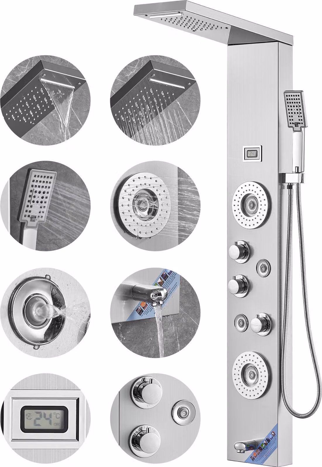 Sistema di pannelli doccia SucceBuy, 6 modalità di doccia, torre di pannelli doccia a LED e display, pioggia, cascata, 4 getti per il massaggio del corpo, bocca da bagno, doccetta, tubo flessibile da 59 pollici, set doccia a parete in acciaio inox