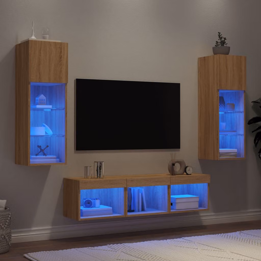 Mobile TV a muro vidaXL con LED in legno rovere e MDF, set da 5 pezzi, colore marrone/beige, L: 40 cm, P: 30 cm, H: 30 cm – 1