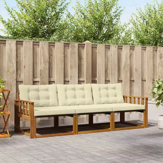 Set di divani da esterno 3 pezzi vidaXL in legno di acacia e textilene, colore beige e bianco