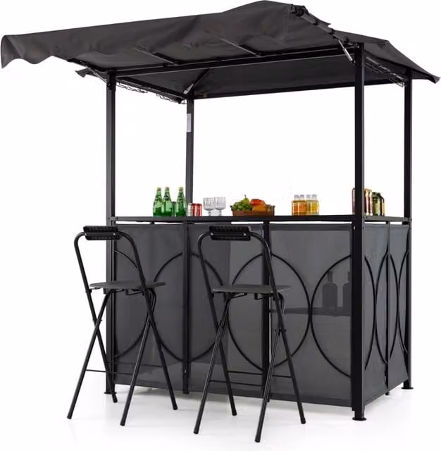 Set da giardino BBQ Design Mania composto da tavolo bar e 2 sgabelli pieghevoli in metallo Grigio e Nero