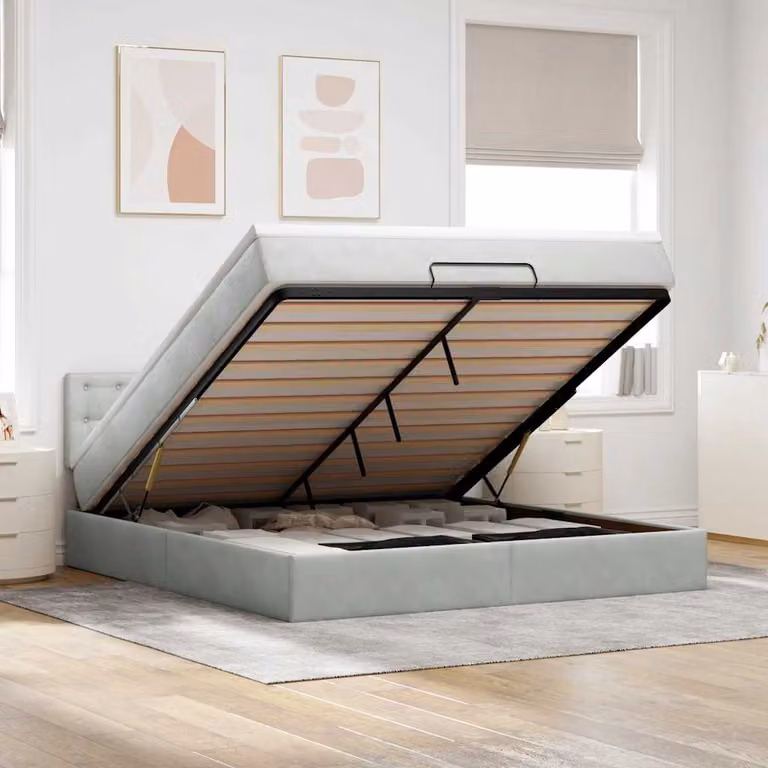 Struttura Letto con Materasso vidaXL in Velluto con Base a Sollevamento, Illuminazione Sotto il Letto e Porte USB, L/P/H: 203 x 160 x 88 cm, Grigio e Bianco