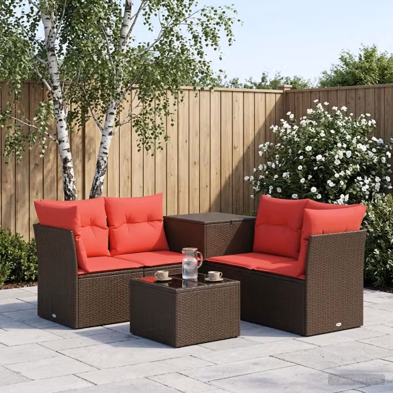 Set di divani da giardino vidaXL in rattan sintetico e metallo con cuscini, marrone e rosso