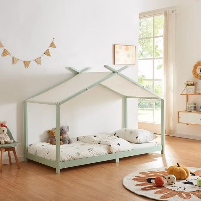 Letto Singolo Brome en.casa a Forma di Casetta in Legno di Pino per Cameretta Bambini, Colore Verde Menta e Bianco, L/P/H: 206 x 90 x 146 cm