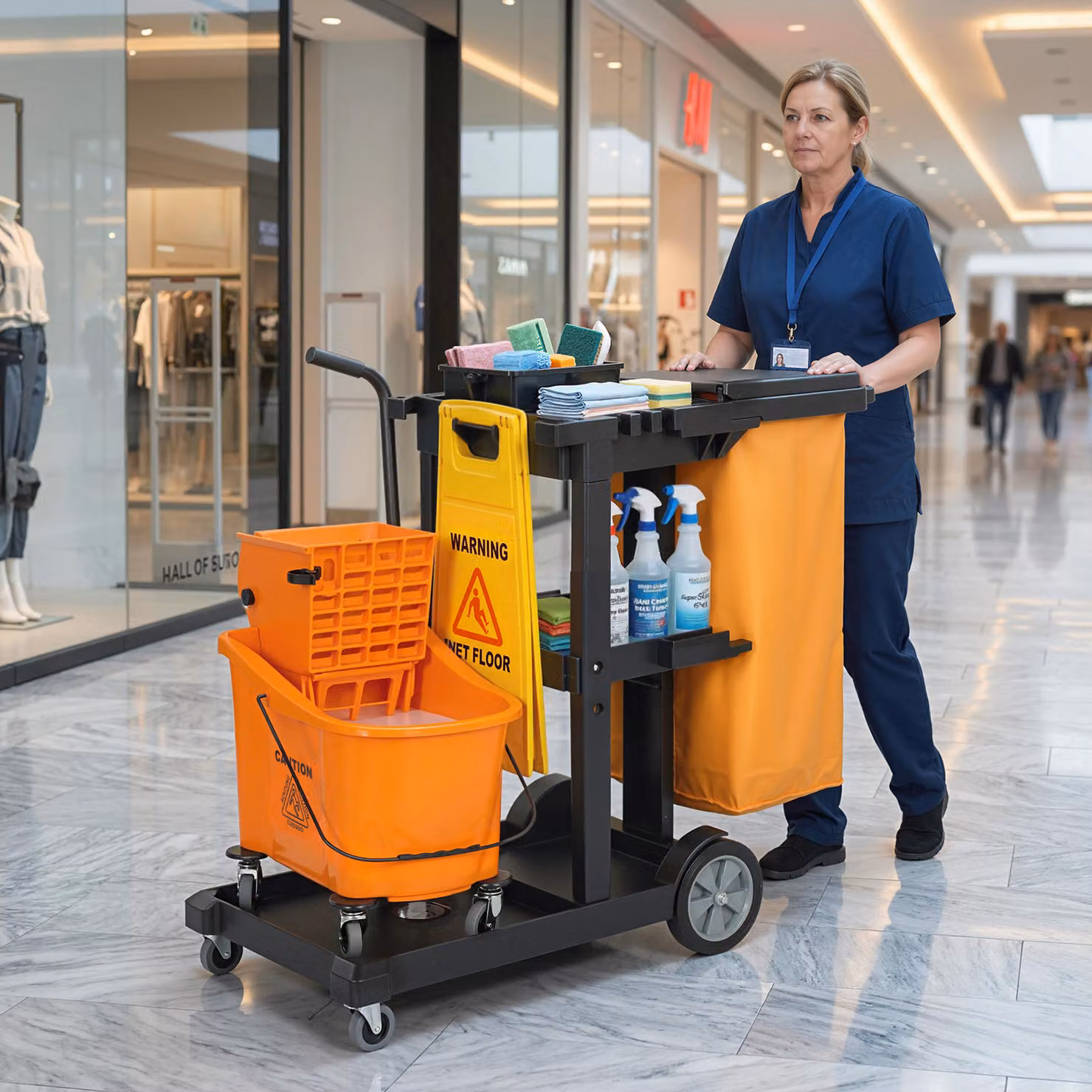 Carrello per pulizie HOMCOM con 3 ripiani, secchio con strizzatore e sacco da 70L, giallo e arancione – 2