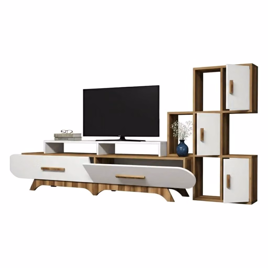 Parete attrezzata Lupo DMORA per soggiorno con mobile porta TV, composizione moderna in marrone e bianco, L: 205 cm, H: 37 cm, P: 50 cm – 2