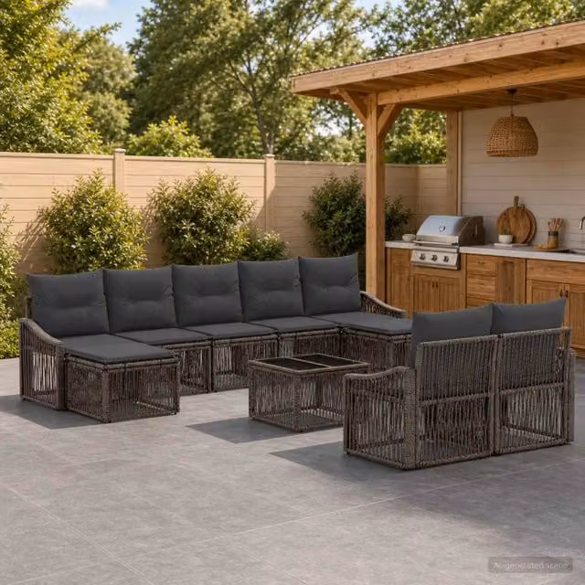 Set Divano da Giardino 10 Pezzi vidaXL Grigio con Poltrone, Tavolino e Pouf in Polyrattan e Acciaio – 1