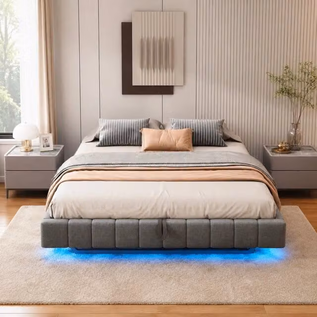 Letto matrimoniale sospeso imbottito 180x200 cm con contenitore; LED e senza testiera fissa; grigio