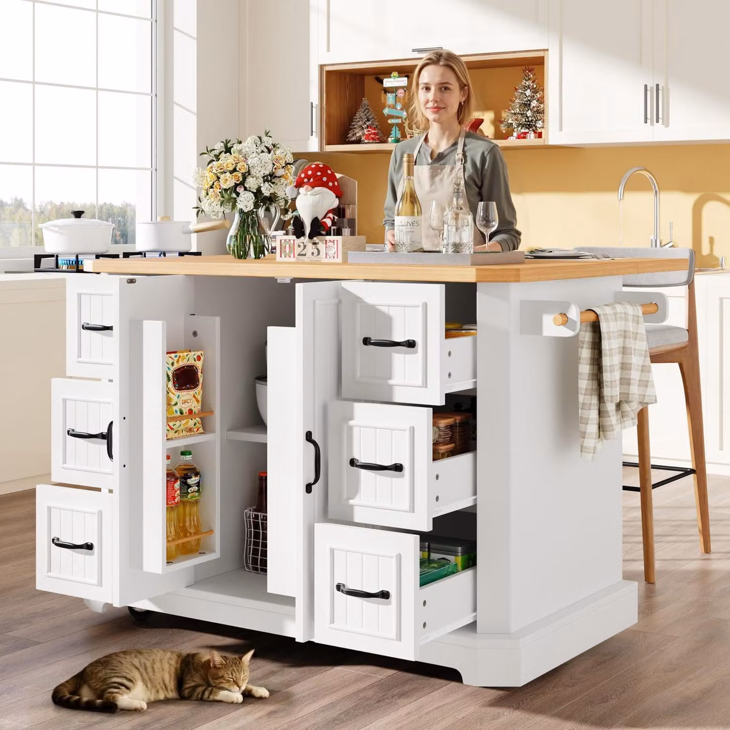 Isola da cucina mobile con 2 ante e 6 cassetti, dotata di ruote, colore bianco, dimensioni 120x45x91 cm