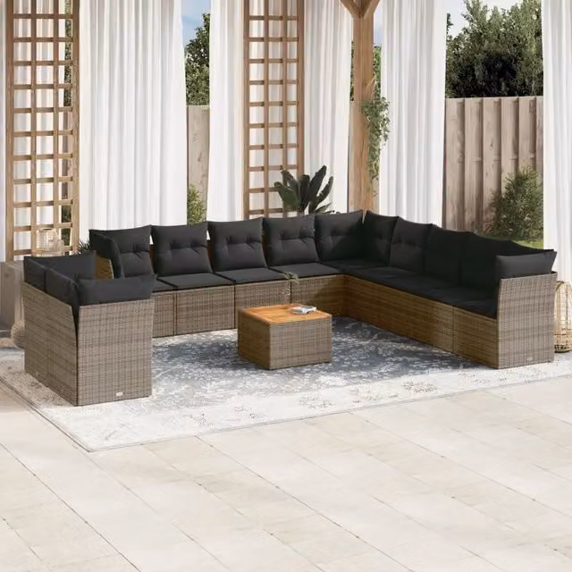 Set di divani da giardino a forma di U vidaXL in polyrattan grigio con cuscini e tavolino da esterno