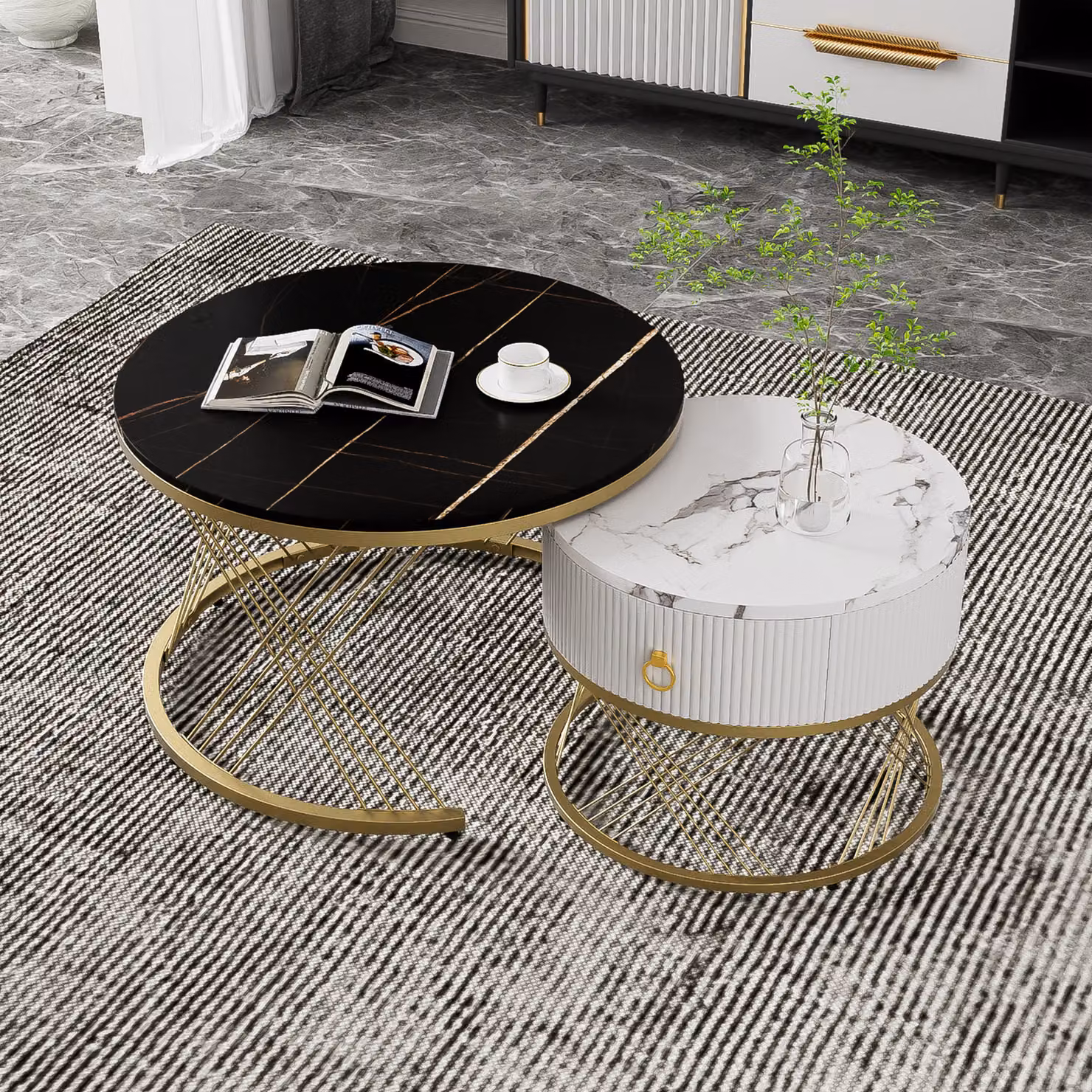 MODFU Tavolino da conferenza, tavolo da salotto rotondo, set da 2 pezzi con cassetti bianchi, ideale per soggiorno, camera da letto, balcone, tavolino con struttura in metallo dorato e aspetto marmorizzato