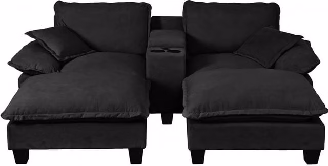 Divano modulare Cloud in Chenille nero con portabicchieri, USB, 2 pouf e 2 cuscini, 224x155x90 cm