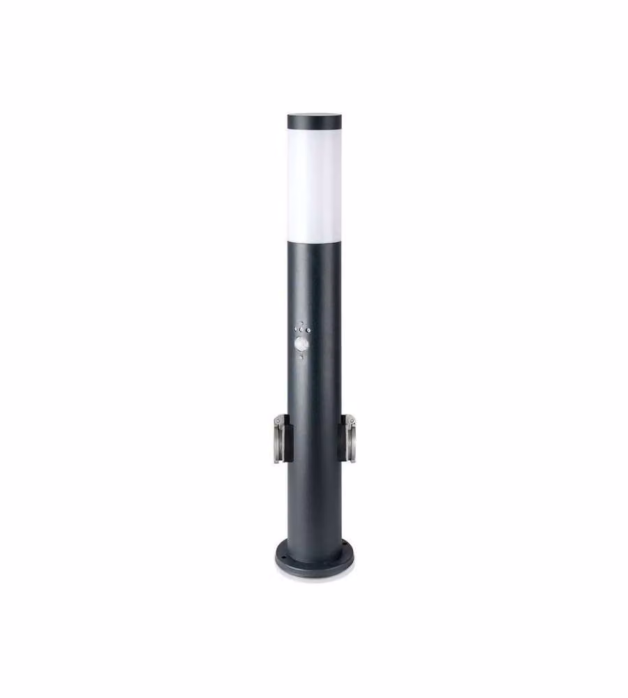 Piantana da giardino V-TAC in acciaio inossidabile nero con sensore di movimento, portalampada E27 e 2 prese Schuko, IP44, Altezza: 60 cm