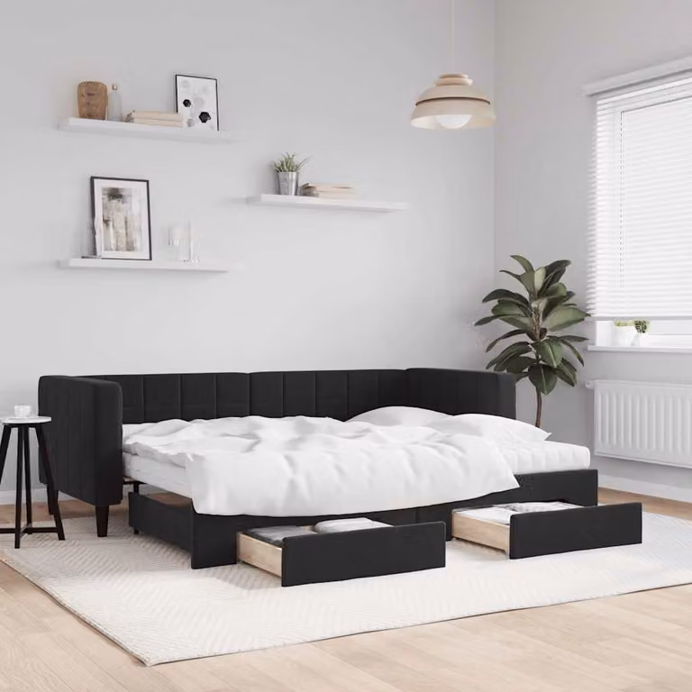 vidaXL Divano Letto Estraibile con Cassetti in Velluto Nero L/P/H: 223 x 80 x 90 cm
