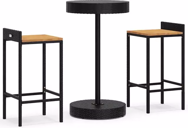 Set Bar Giardino 3 pz | Set Salotto da Giardino Nero Polyrattan e Legno Massello Acacia