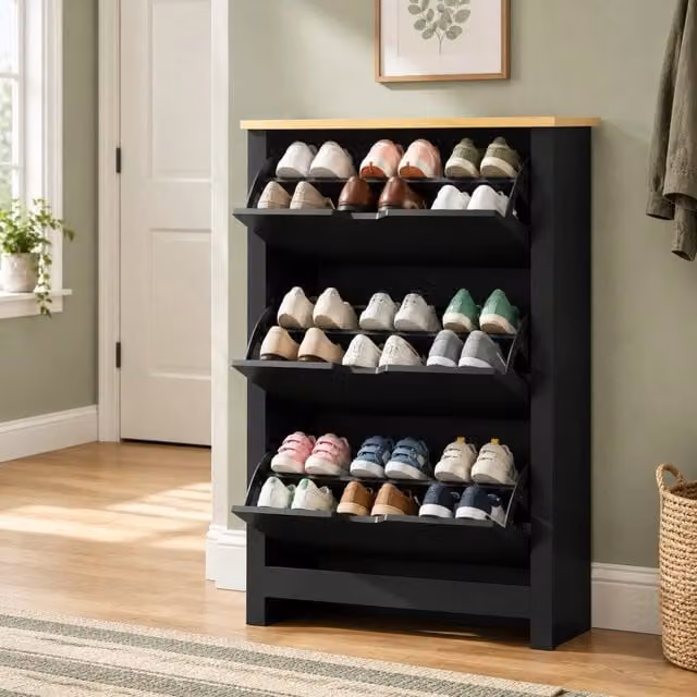 Mobile portascarpe 72x26x112 cm nero e rovere, 3 ante a ribalta