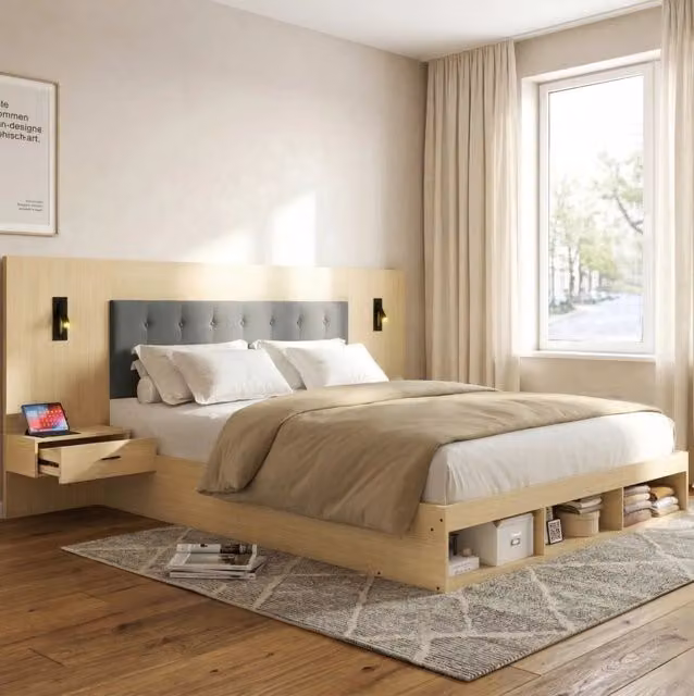 Letto matrimoniale 160x200 cm con luci orientabili; prese USB e Type-C; rovere chiaro in MDF