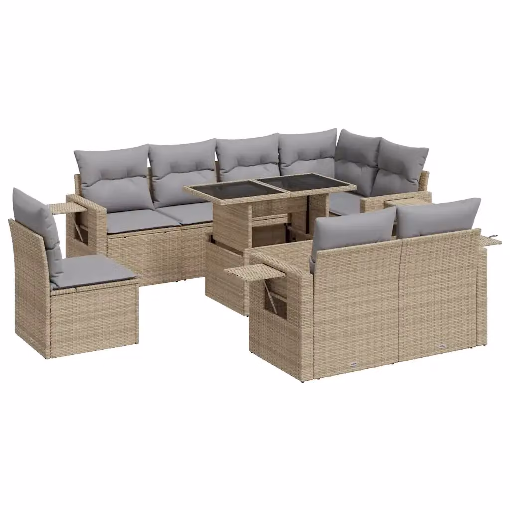 Set Divano da Giardino vidaXL a forma a U composto da 9 pezzi con Cuscini Beige e Grigio in Polyrattan e Acciaio – 2