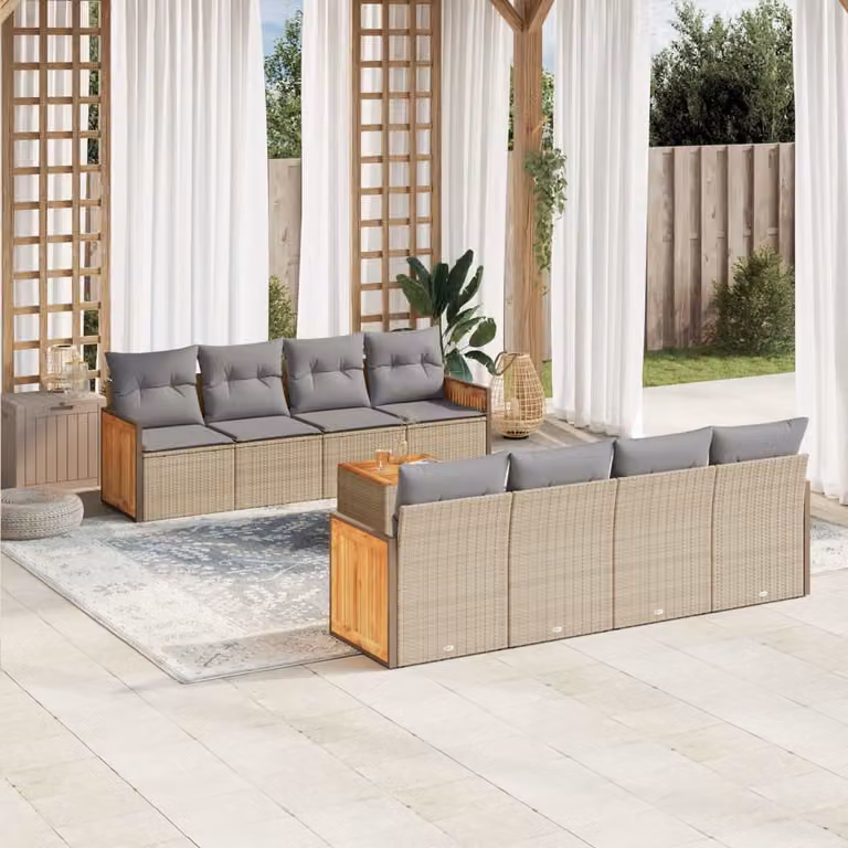 vidaXL Set Divano da Giardino 9 pz a forma di U con Cuscini Beige e Tavolino, Struttura in Acciaio Verniciato a Polvere e Polyrattan per Terrazza e Giardino