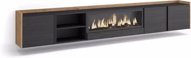 Mobile TV Soggiorno, 315x50x35 cm, Per TV fino a 80", Camino elettrico XXL, Sospeso, da appendere, Nero e rovere