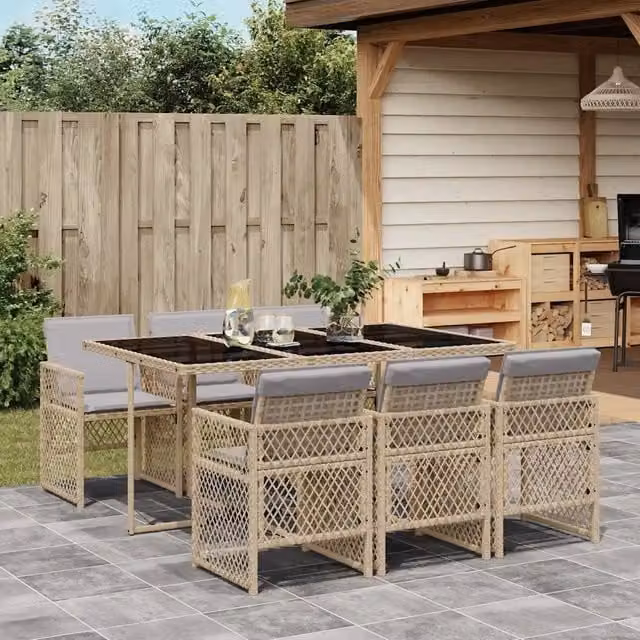 Set da Pranzo da Giardino 7 pz con Cuscini Beige in Polyrattan 3210732