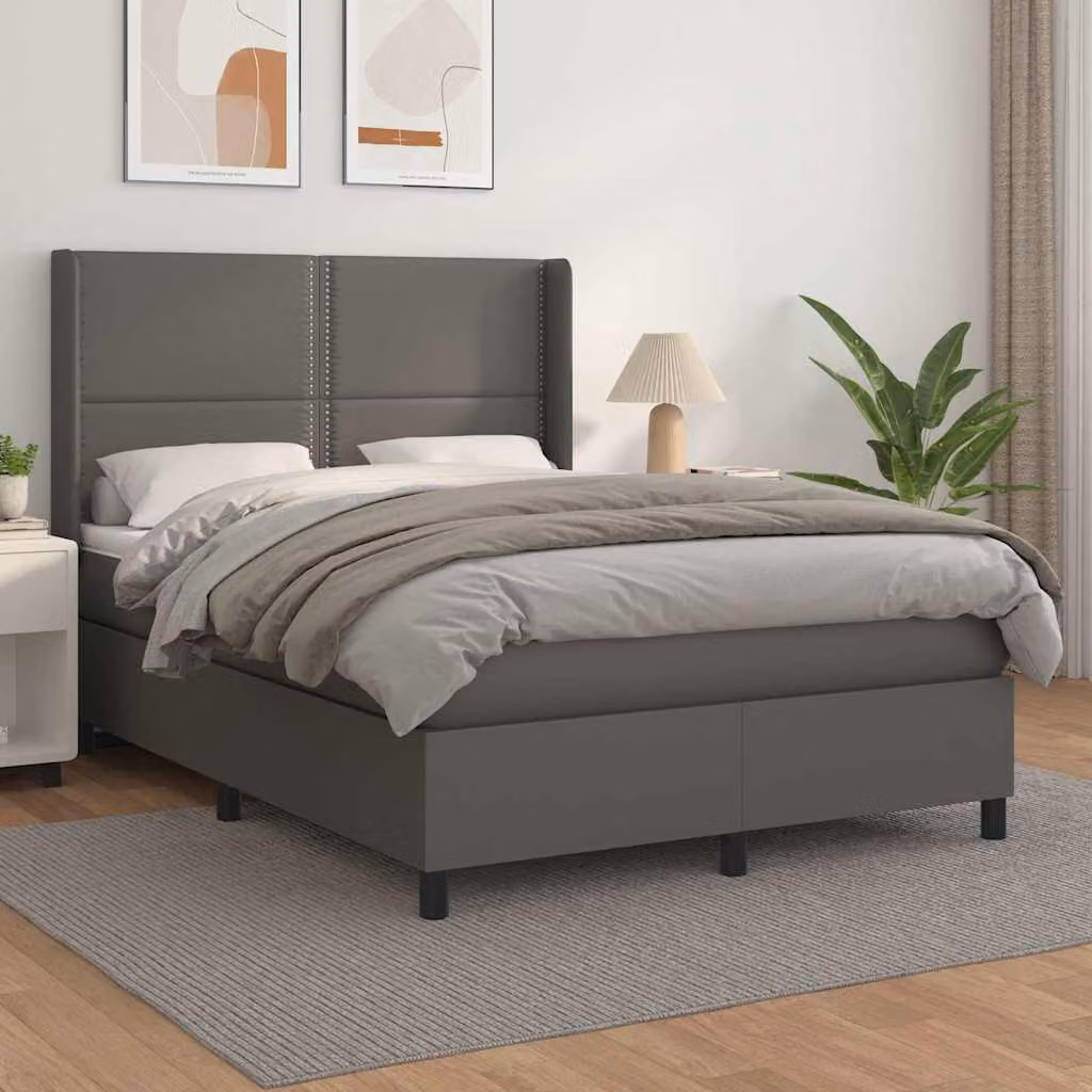 vidaXL Giroletto a Molle con Materasso in Similpelle Grigio e Bianco, L/P/H: 190 x 140 x 40 cm