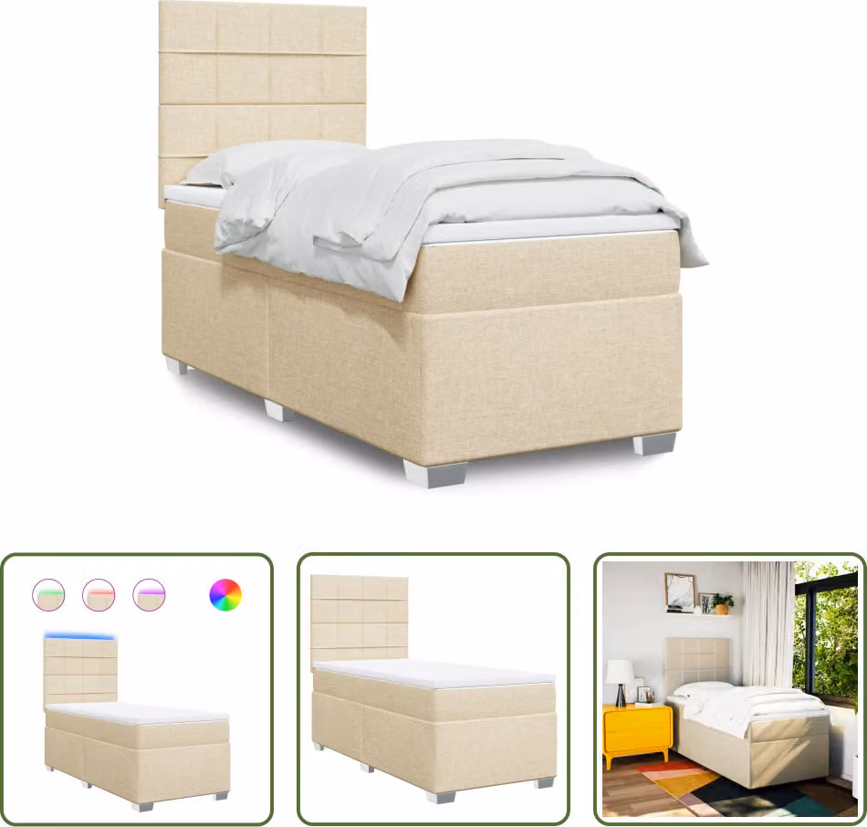 The Living Store Letto a molle con materasso crema 90x200 cm in tessuto