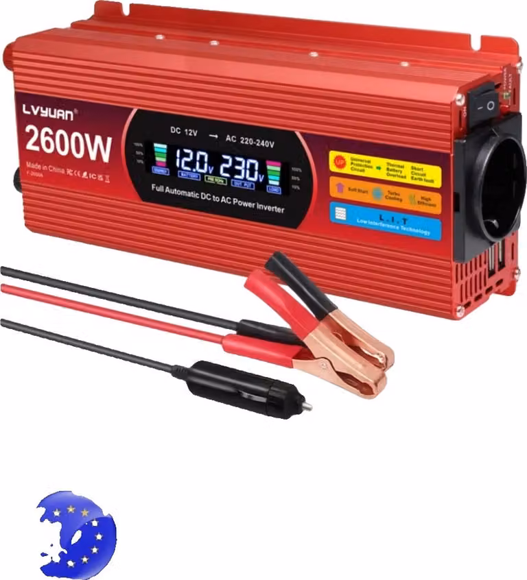 Inverter, 1500W/2000W/2600W di potenza di picco, efficiente conversione CC-AC, 2000W di picchi in nero
