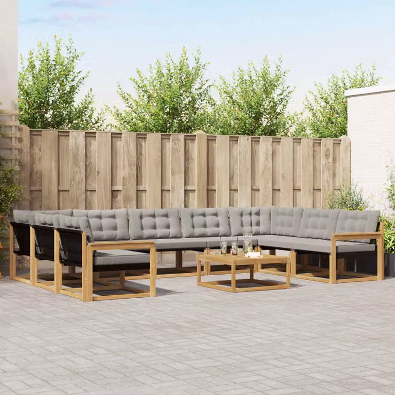 vidaXL Set di divani da esterno a forma di U composto da 10 pezzi in legno di acacia con cuscini bianchi e grigi