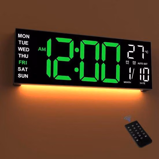 Orologio da parete digitale a LED da 16,5 pollici, luce notturna, funzione di regolazione automatica della luminosità, sveglie, colori RGB, indicazione della temperatura, telecomando, timer 12/24 ore