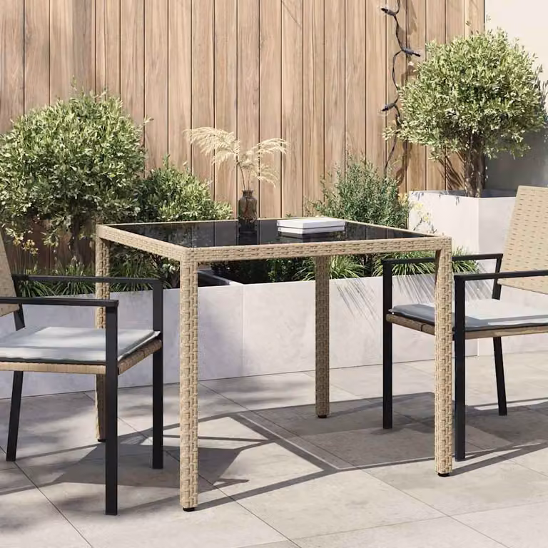 vidaXL Tavolo da giardino quadrato in polyrattan e vetro temperato beige L 90 x P 90 x H 75 cm
