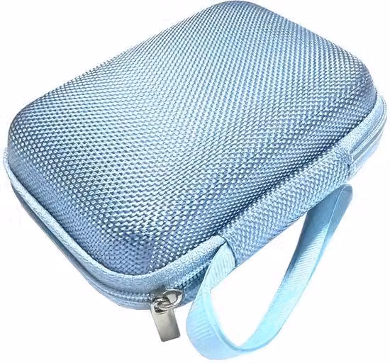 Custodia da trasporto multifunzionale per videocamere d'azione e fotocamere CCD, SSD e caricabatterie, con scomparti organizzati, protezione e resistenza agli urti, blu.