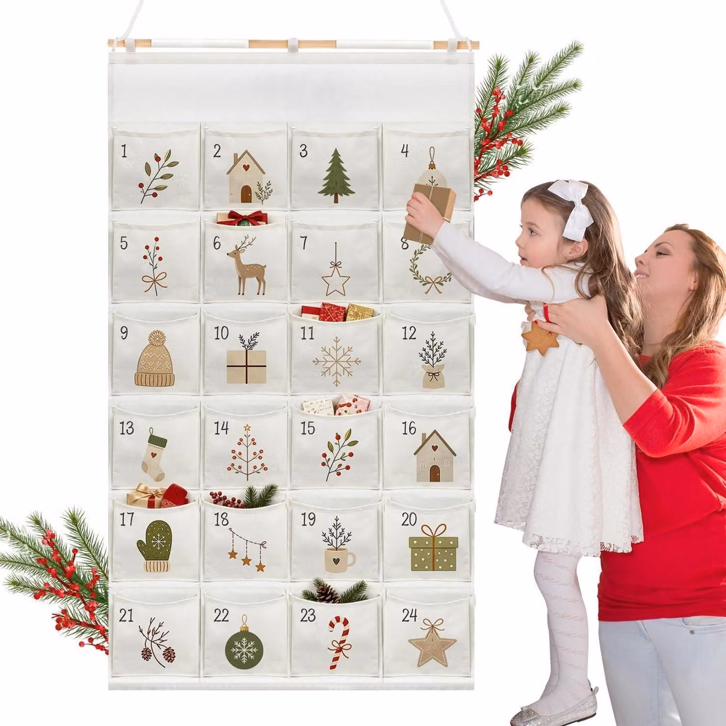 Calendario dell'Avvento da riempire, in tessuto, dimensioni 130x70 cm, color giallo-verde, con 24 tasche per essere appeso