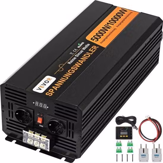 Convertitore Solare DC-AC 24 V 5000 W con Onda Sinusoidale Pura, Caricatore Solare con Uscita AC 230 V 50 Hz e Potenza Massima 10000 W, Colore Nero in Alluminio