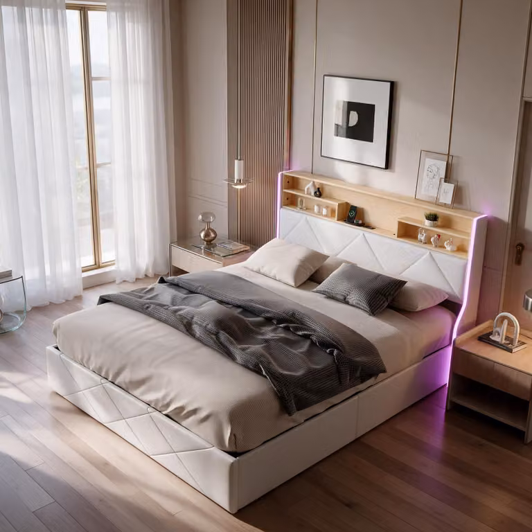 Letto singolo INONEFT, imbottito, 160x200 cm, con illuminazione LED, letto con sistema di sollevamento idraulico e spazio contenitore, testiera con spazio contenitore e prese USB, colore bianco