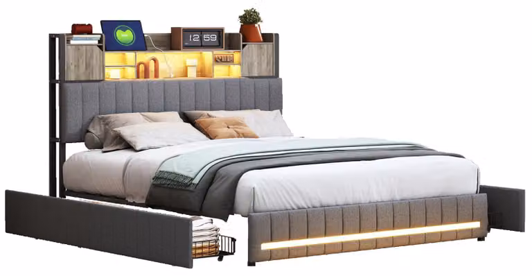 Letto imbottito - Letto matrimoniale - 140 x 190 cm - Illuminazione a LED - Testiera con spazio contenitore e 4 cassetti - Struttura a listelli - Tessuto di lino - Grigio