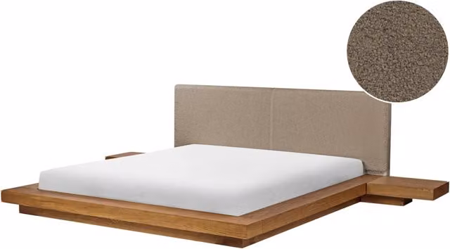 Letto matrimoniale Beliani in stile giapponese con testata e comodini in legno e tessuto bouclé, colore beige e tortora, L/P/H: 180 x 200 x 86 cm – 1