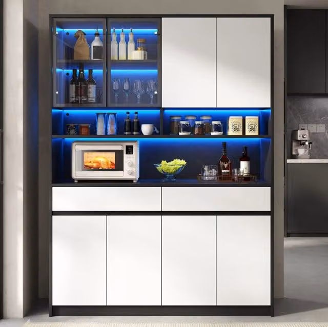 Mobile contenitore alto ULEVR 120x38x160 cm con ante in vetro, LED, cassetti e vani aperti, MDF nero e bianco