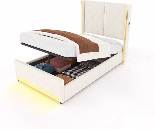 Letto Contenitore Singolo in Velluto Beige con LED, Porte USB/Type-C e Tasche Laterali L/P/H: 90 x 200 x 52,1 cm – 1