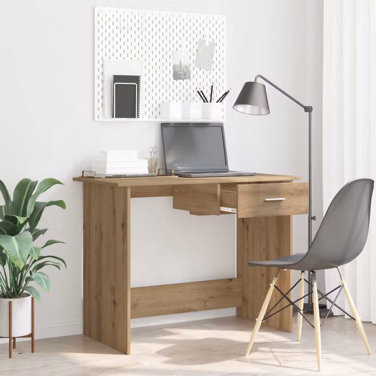 Scrivania moderna vidaXL in legno e metallo color rovere, L: 100 cm, P: 50 cm, H: 76 cm