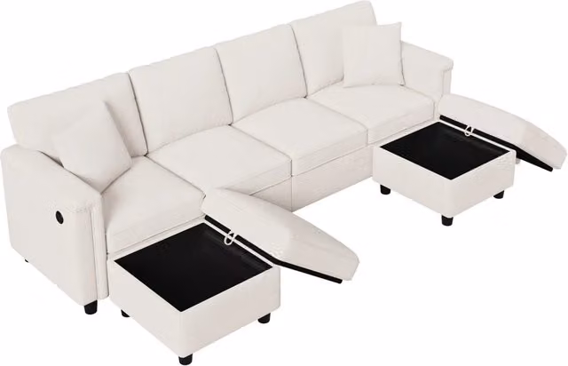 Divano modulare beige in chenille con 2 pouf contenitori, 261×134×82 cm, design versatile a L o U per soggiorno