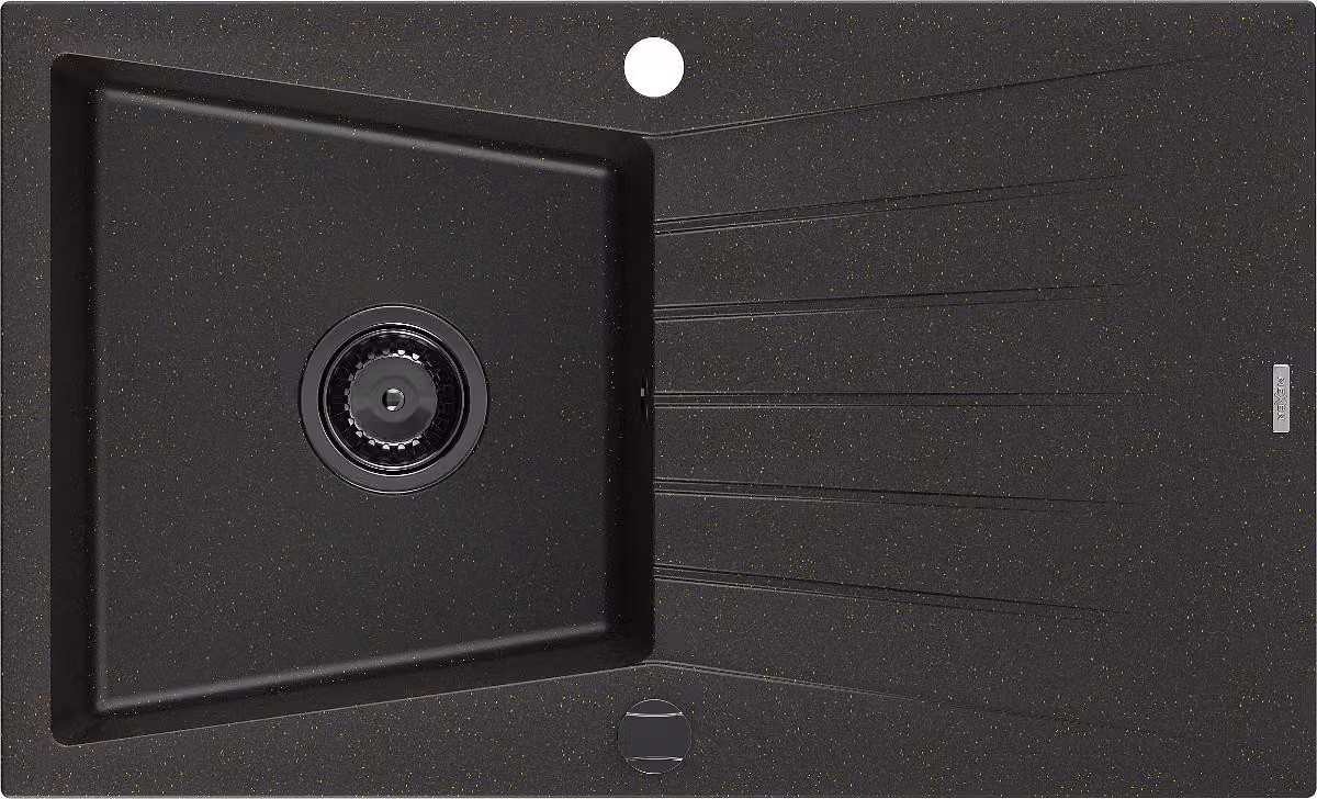 Mexen Cesar lavello in granito a 1 vasca con sgocciolatoio 775 x 470 mm, nero/oro metallizzato, sifone nero - 6514771010-75-B