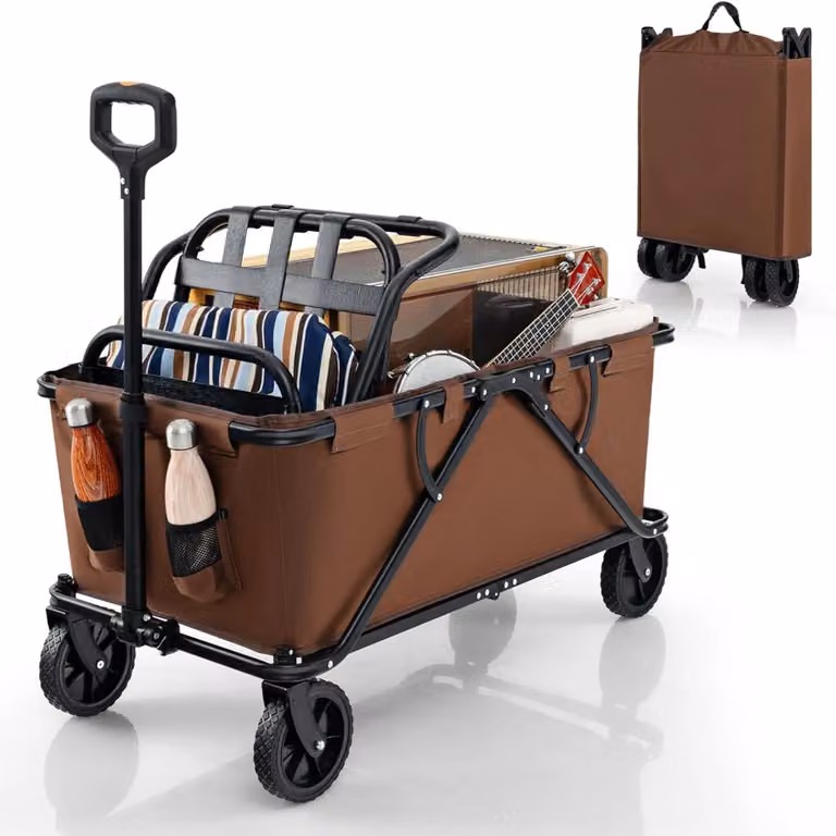 Carrello pieghevole - Carrello di trasporto - Maniglia regolabile in altezza - Portabicchieri - Borsa per riporre - Per il campeggio - Marrone