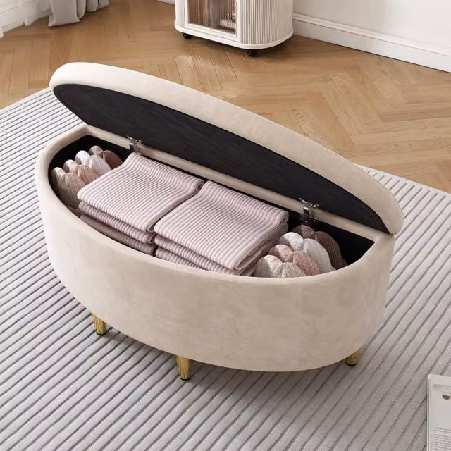 Panca contenitore OKWISH in velluto beige per ingresso e camera da letto, L 90 x P 40 x H 42 cm